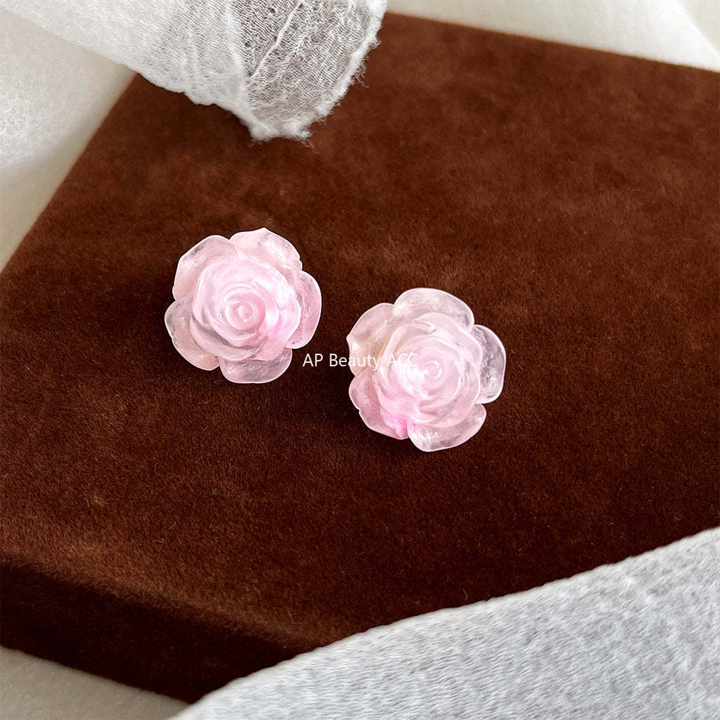 C관 - 분홍 장미 은침 스윗한 글라스 진주 14K 도금 여름 귀걸이 [4412-4413] 24.06-4