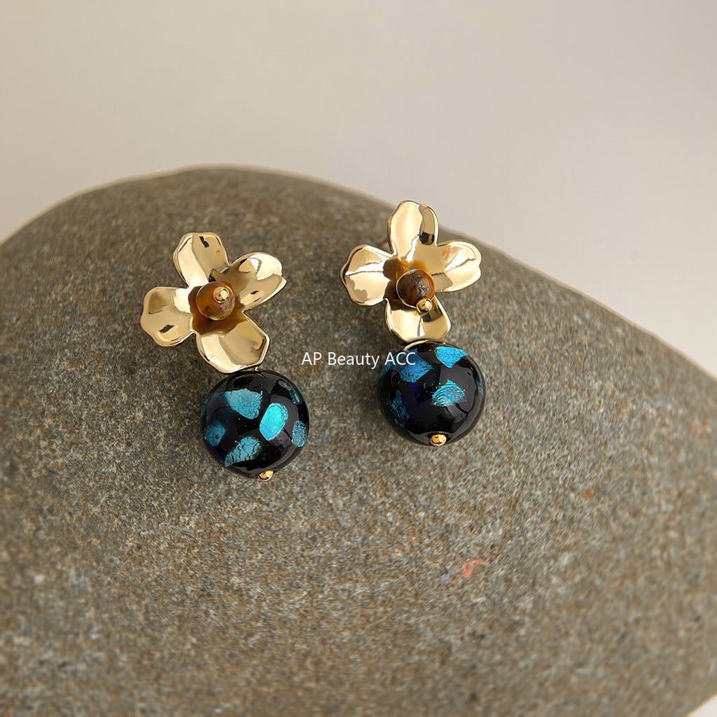 C관 - 925 은침 플라워 핸드메이드 호안석 글라스 귀걸이 [6926] 25.10-3