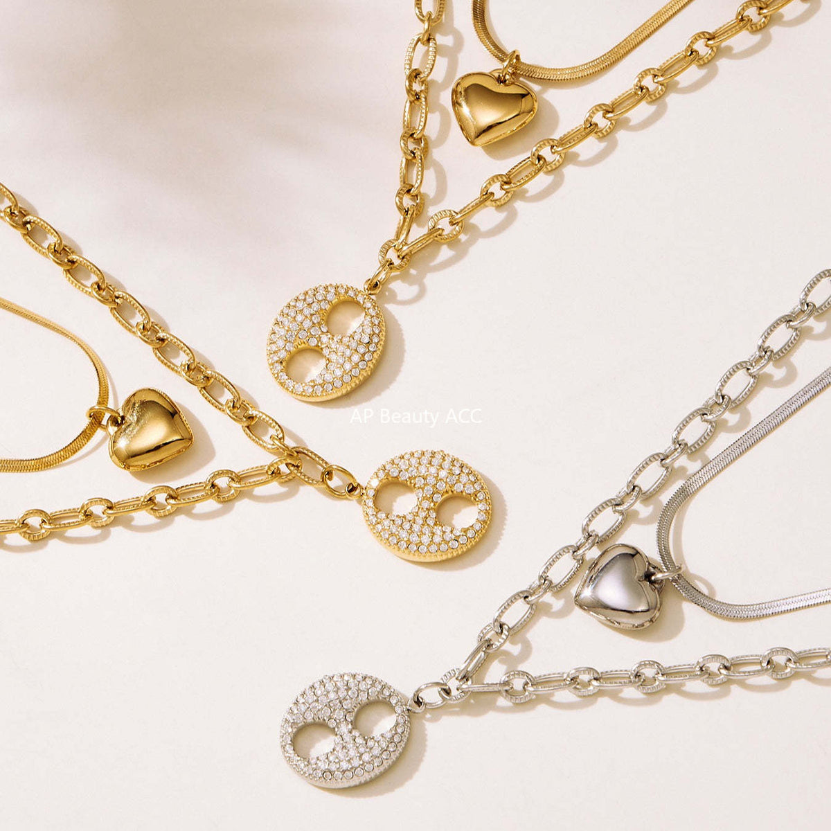 D관 - 더블 레이어 하트 큐빅 18K 도금 스테인리스 목걸이 [P100] 25.11-3