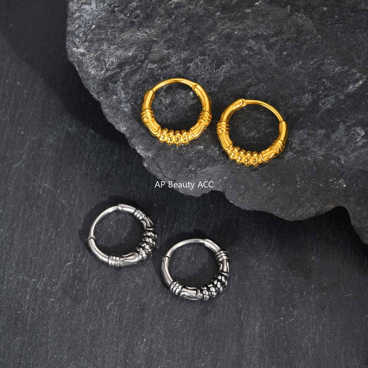 G관 - 스테인리스 스틸 스트랩 패턴 링 귀걸이 [EH-647] 25.12-1