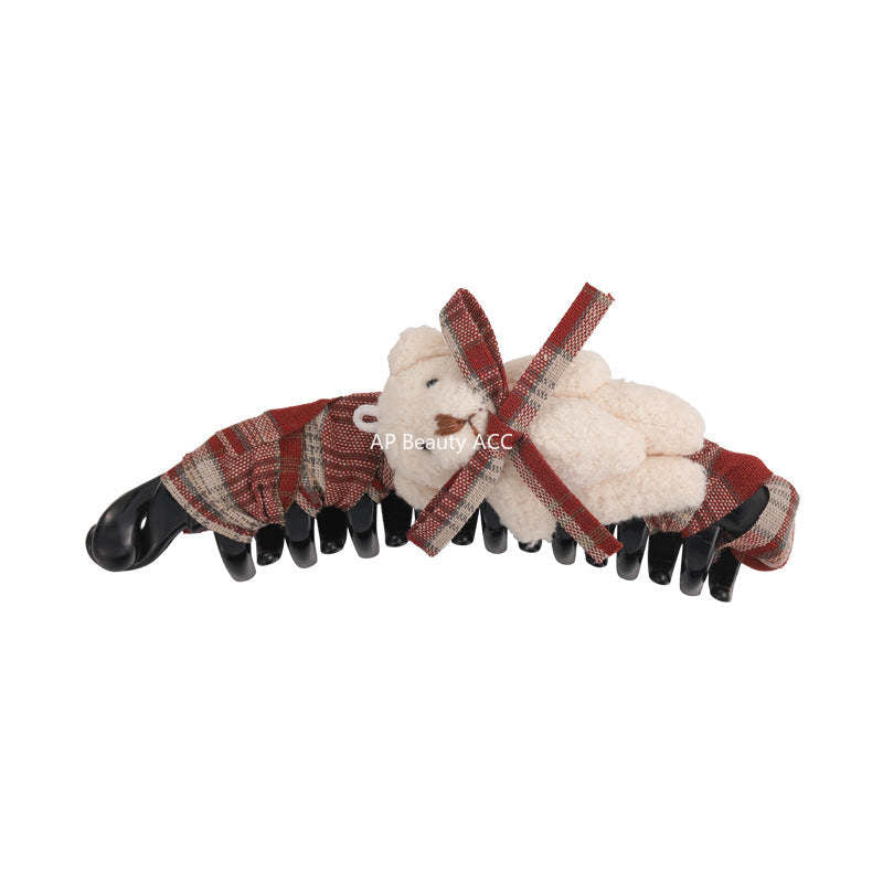 E관 - 체크 패브릭 리본 곰돌이 대형 집게핀 [27722] 25.11-4