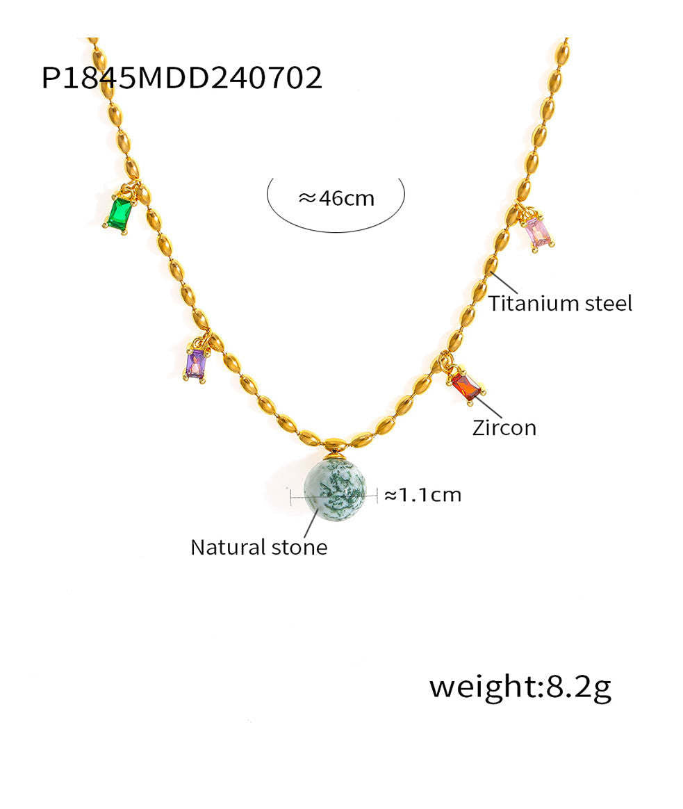 D관 - 티타늄 스틸 18K 도금 천연석 원형 큐빅 펜던트 비즈 목걸이 [P1845] 24.07-2