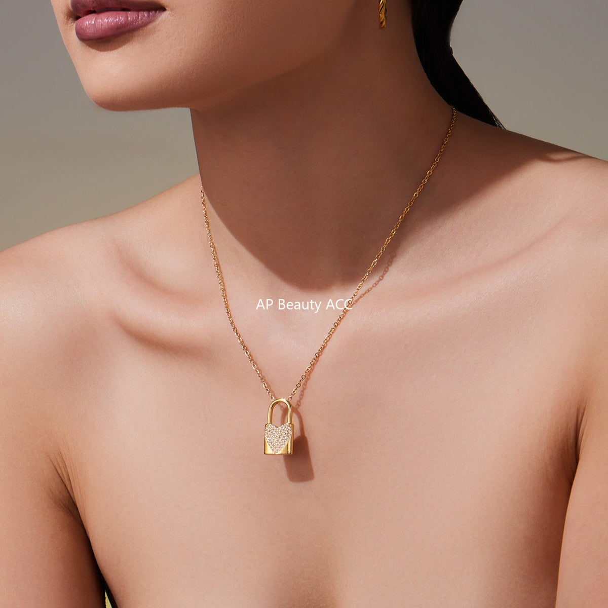 D관 - 18K 골드 도금 스테인리스 스틸 큐빅 하트 자물쇠 펜던트 목걸이 [P061] 25.10-1