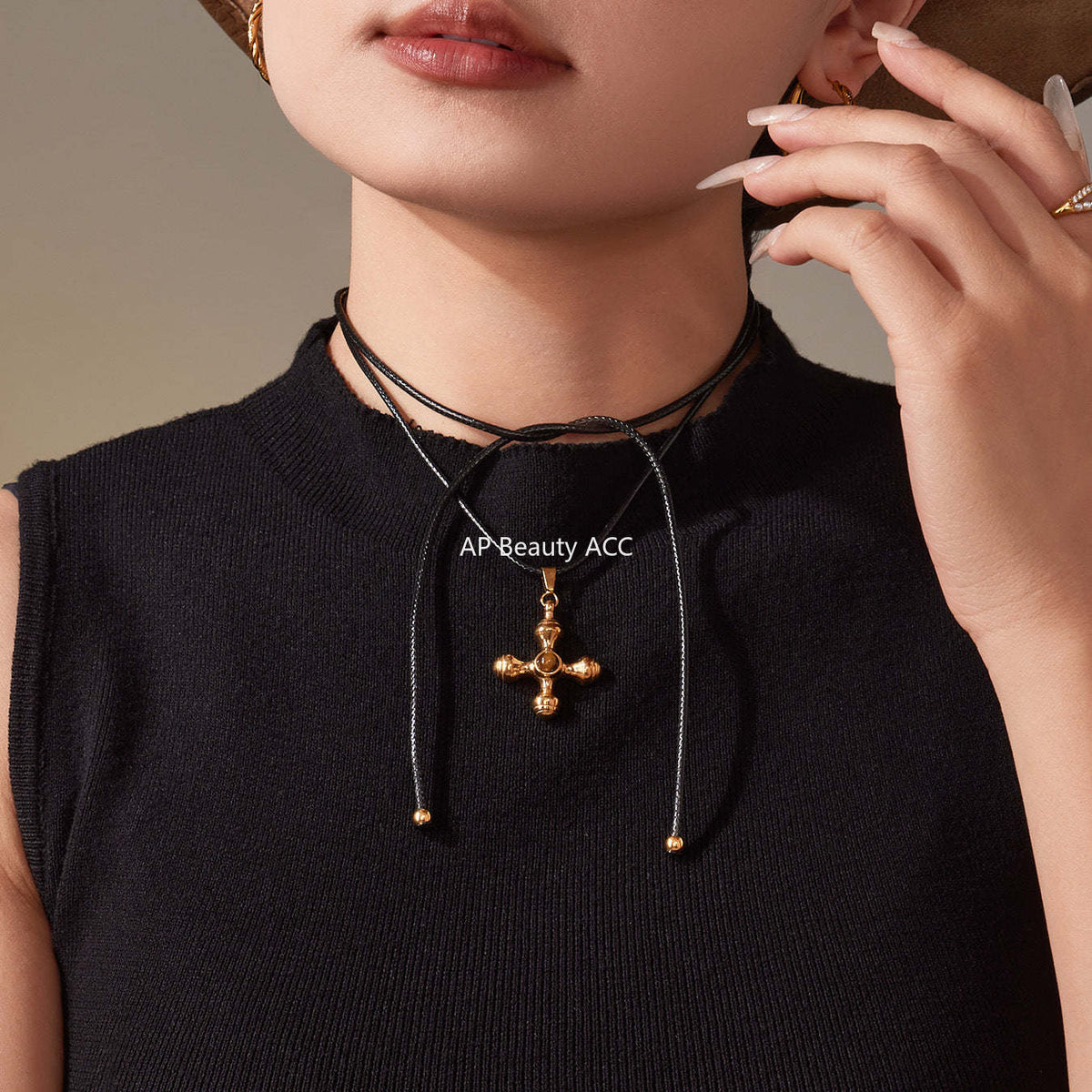 D관 - 호안석 십자가 레더 스트랩 스테인리스 롱 목걸이 [M082] 25.11-3