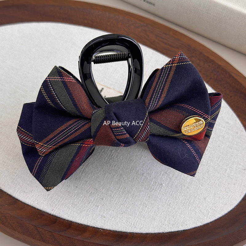 E관 - 브리티시 빈티지 체크 리본 패브릭 집게핀 [27564] 25.10-3