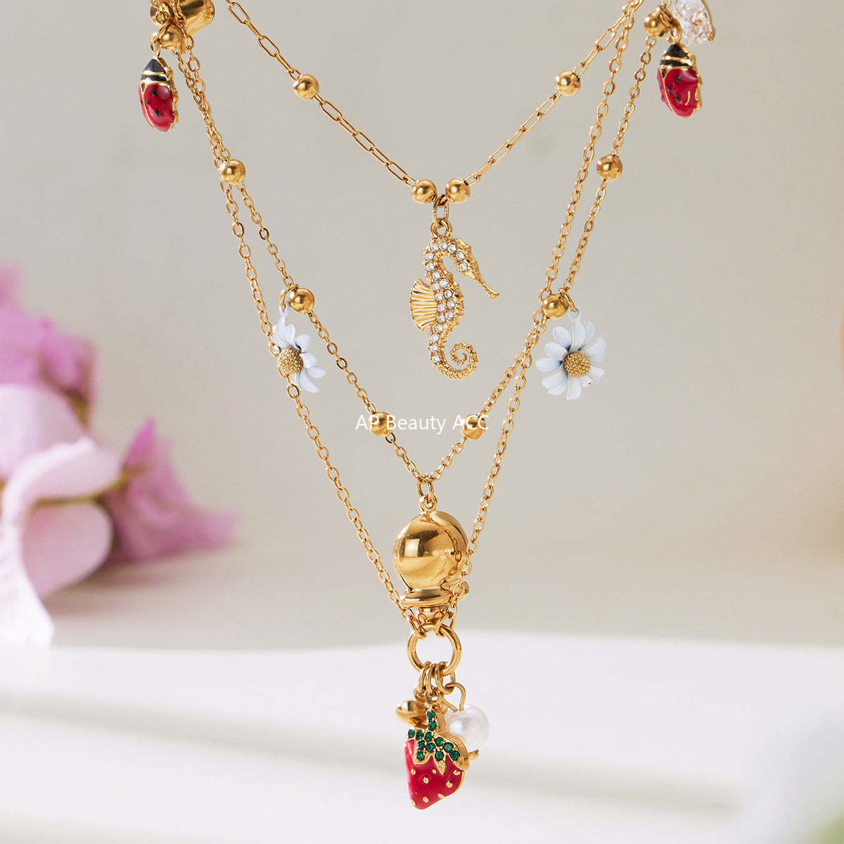 D관 - 스테인리스 스틸 해마 딸기 큐빅 펜던트 18K 도금 목걸이 [P755] 25.11-4