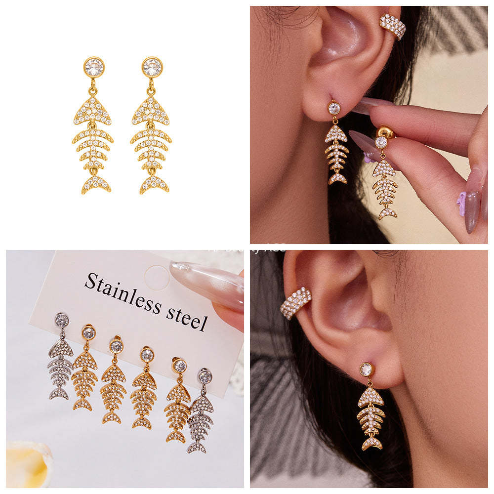 D관 - 스테인리스 18K 도금 풀큐빅 물고기뼈 볼드 이어커프 귀걸이 [F1123-F983] 25.10-5