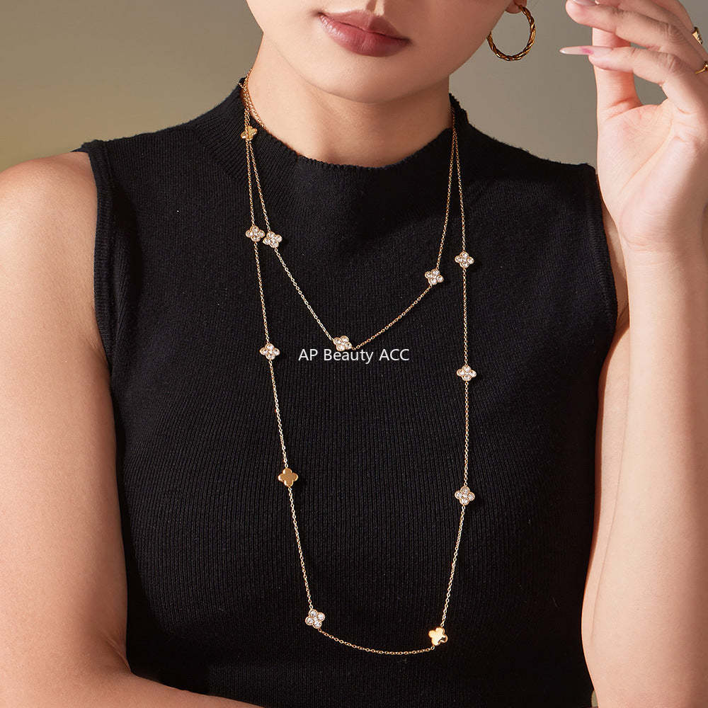 D관 - 클로버 플라워 풀큐빅 스테인리스 스틸 롱 목걸이 [M086] 25.11-3