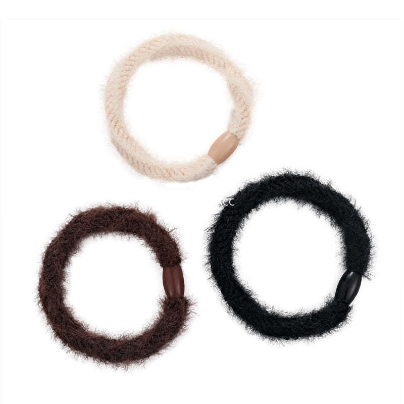 E관 - 퍼 소재 3개 세트 고무줄 머리끈 헤어밴드 [24257] 25.11-3