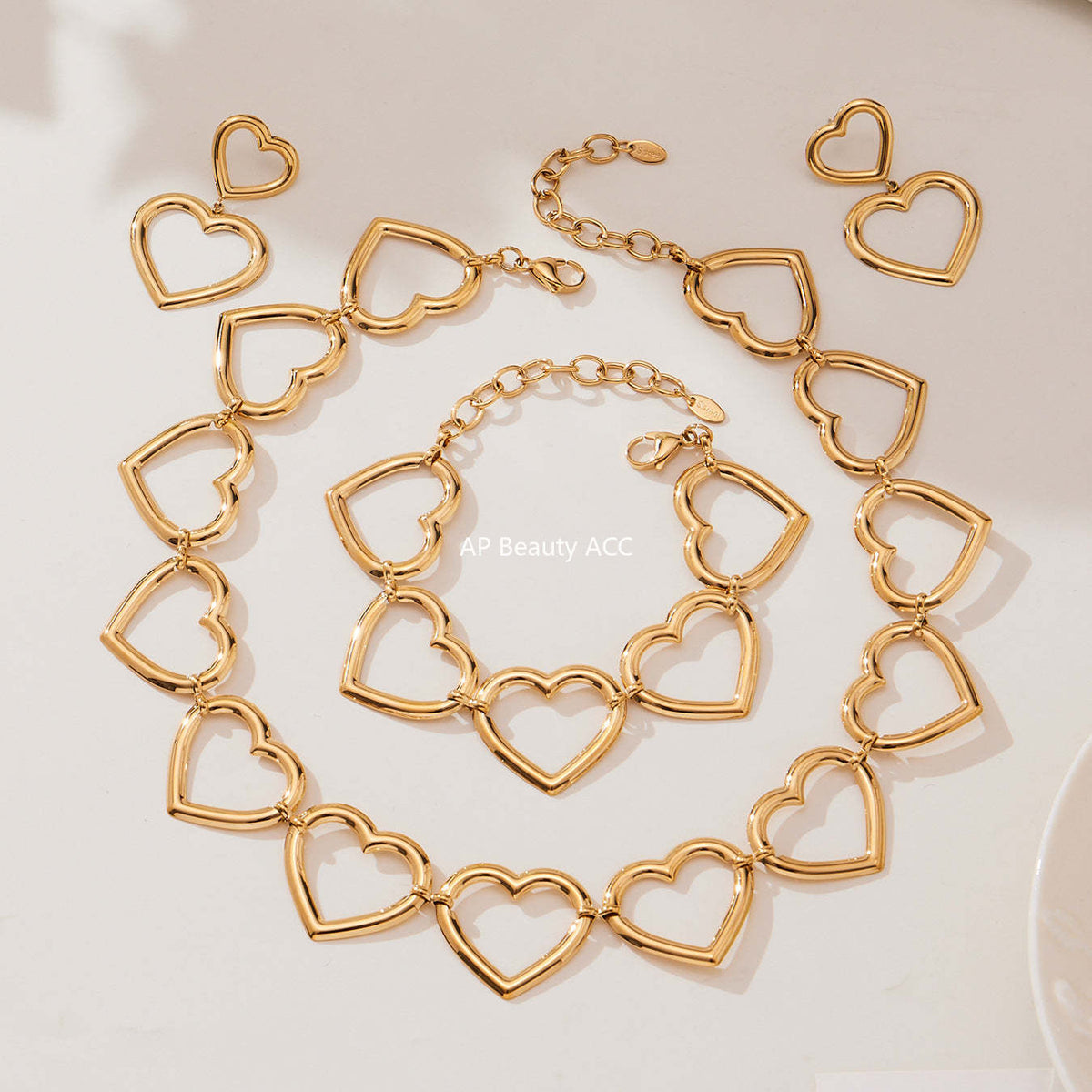 D관 - 18K 도금 스테인리스 스틸 하트 연결 디자인 귀걸이 목걸이 팔찌 [TXP452] 25.10-4