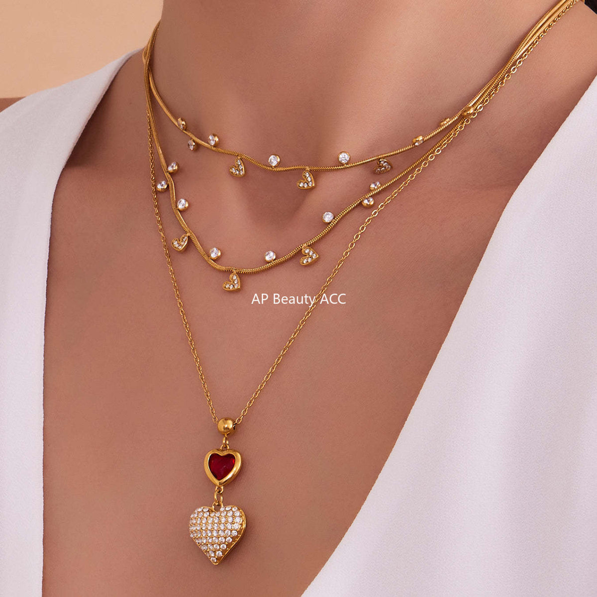 D관 - 18K 골드 도금 스테인리스 스틸 큐빅 하트 뱀줄 목걸이 [P879] 25.09-2