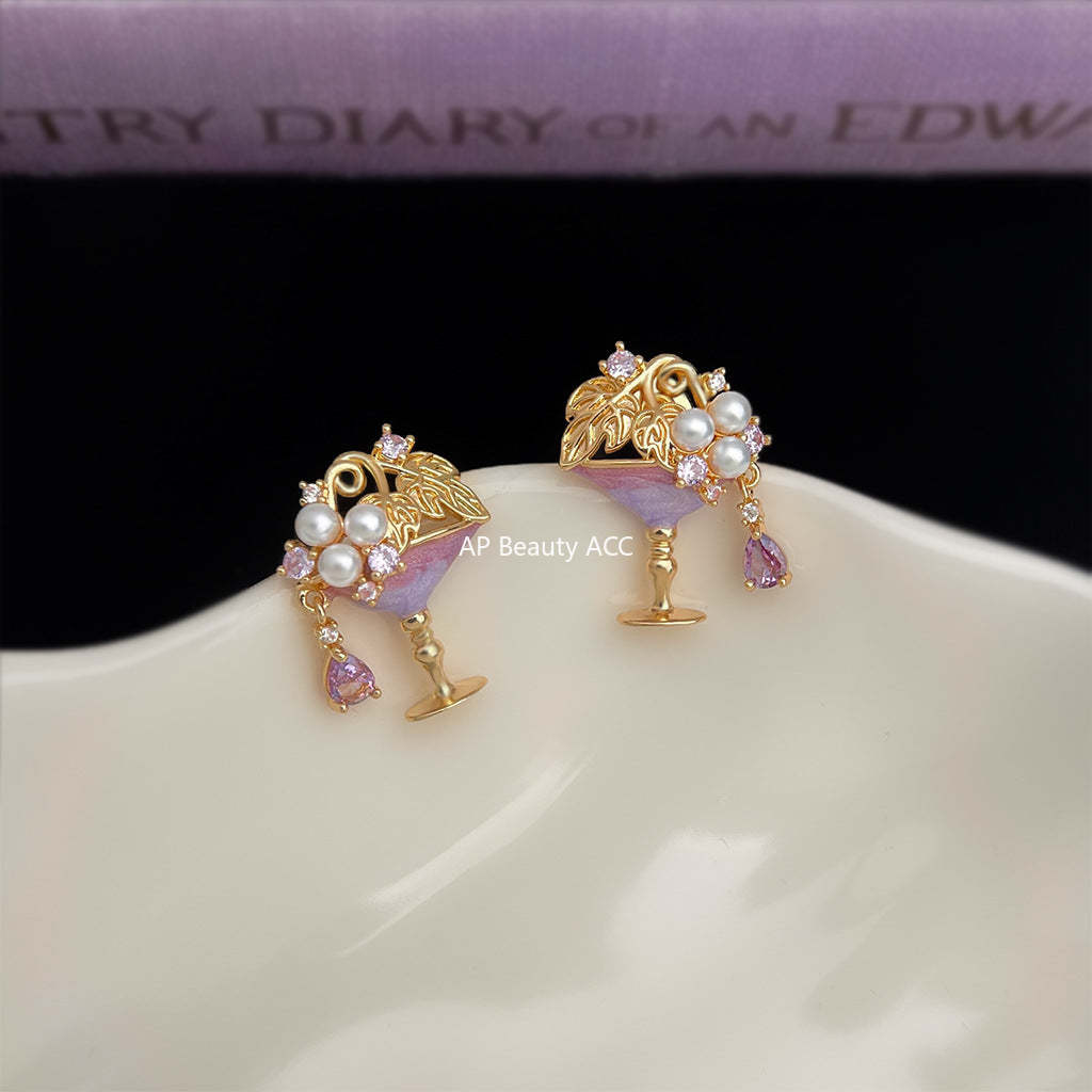 C관 - 큐빅 진주 핸드페인팅 와인잔 디자인 925 은침 귀걸이 [6831] 25.09-4