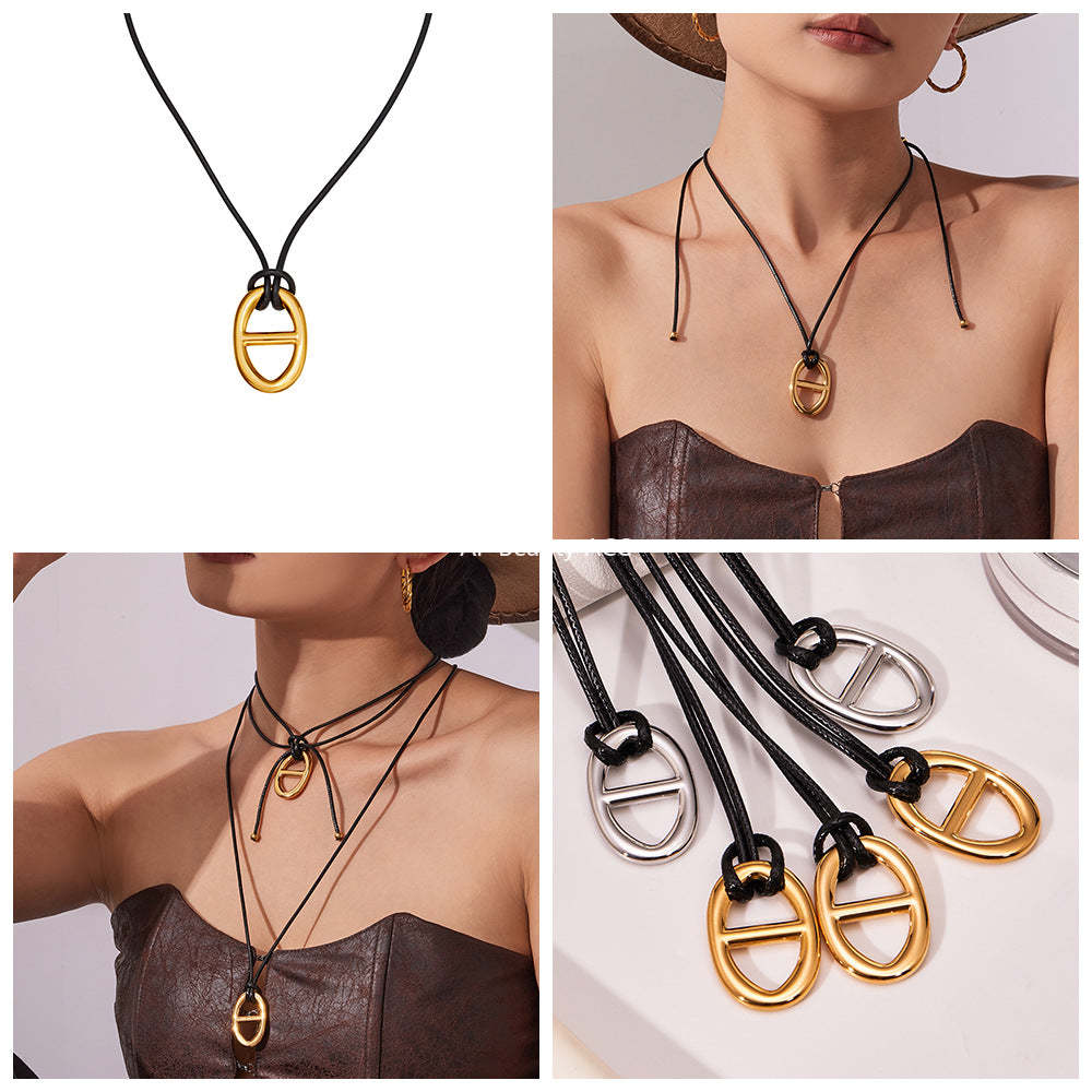 D관 - 돼지코 펜던트 레더 스트랩 스테인리스 롱 목걸이 [P1701] 25.11-3