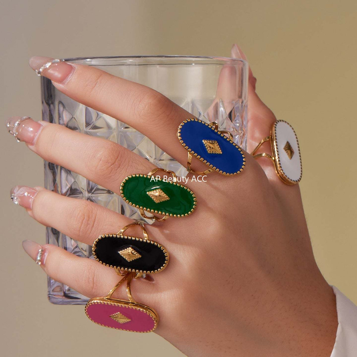 D관 - 스테인리스 스틸 컬러 에나멜 타원형 투 레이어 18K 도금 반지 [A719] 25.09-4