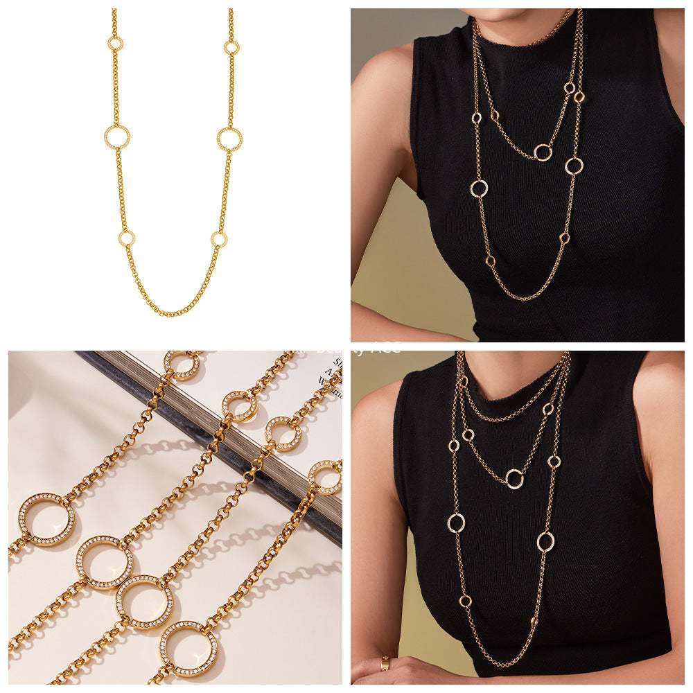 D관 - 큐빅 O체인 더블 레이어드 스테인리스 스틸 롱 목걸이 [M085] 25.11-3