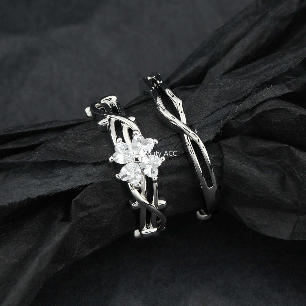 G관 - 나무가지 모양 하트 네잎클로버 큐빅 커플 반지 [J1648] 25.11-4