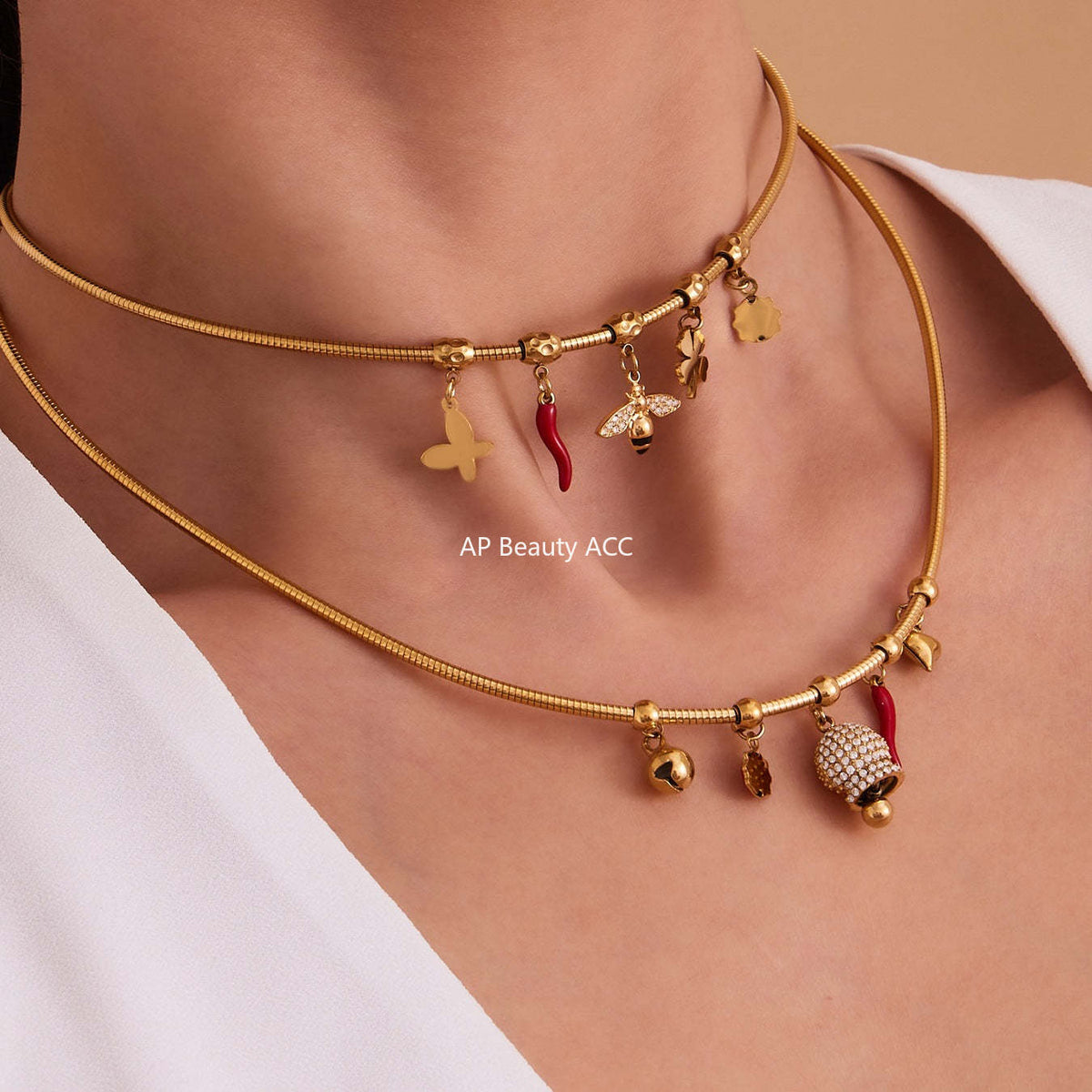 D관 - 18K 골드 도금 스테인리스 스틸 벌 종 멀티 펜던트 목걸이 [P1253] 25.09-2