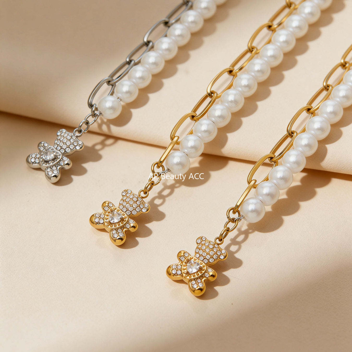 D관 - 스테인리스 스틸 18K 도금 큐빅 곰 펜던트 진주 팔찌 [E153-E162] 25.12-3