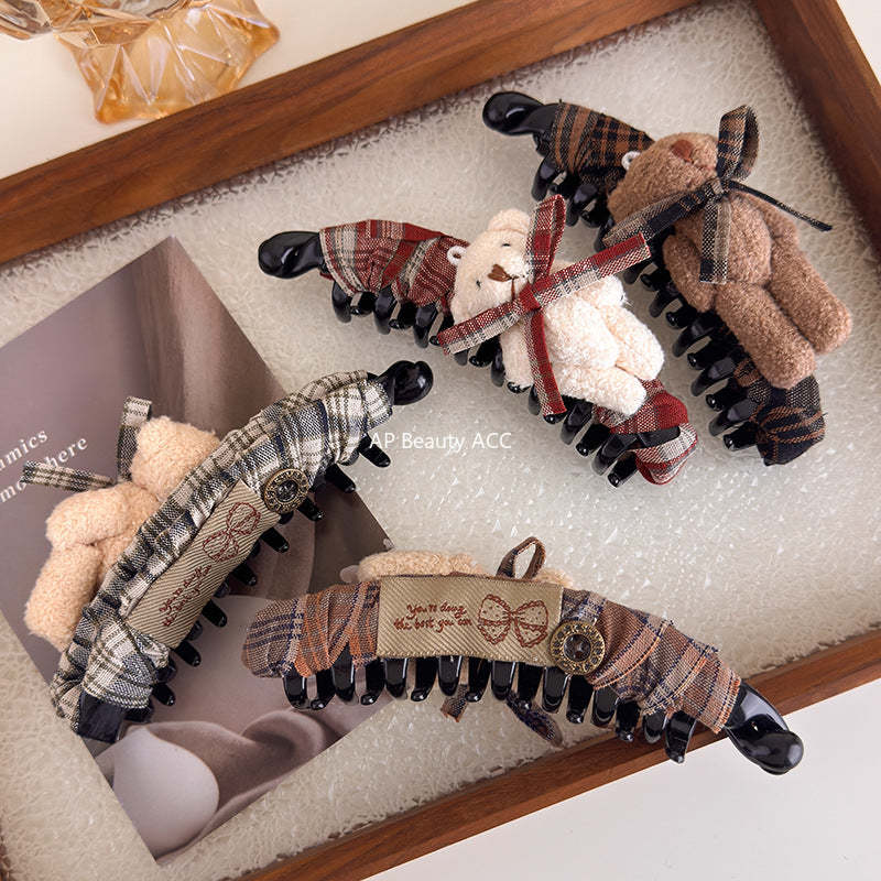 E관 - 체크 패브릭 리본 곰돌이 대형 집게핀 [27722] 25.11-4