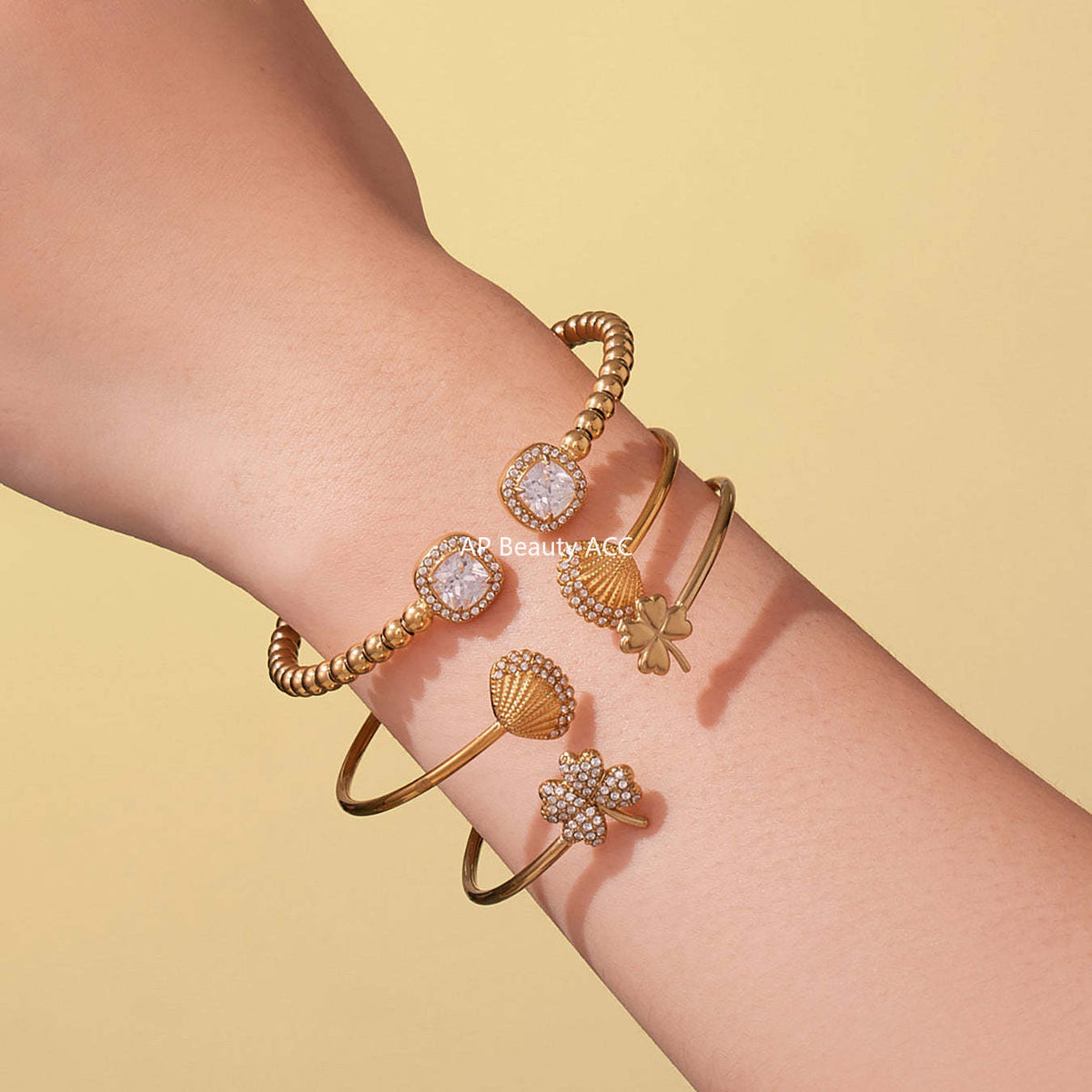 D관 - 스테인리스 18K 도금 큐빅 스틸볼 클로버 오픈형 팔찌 [Z503-Z504-Z505] 25.10-5