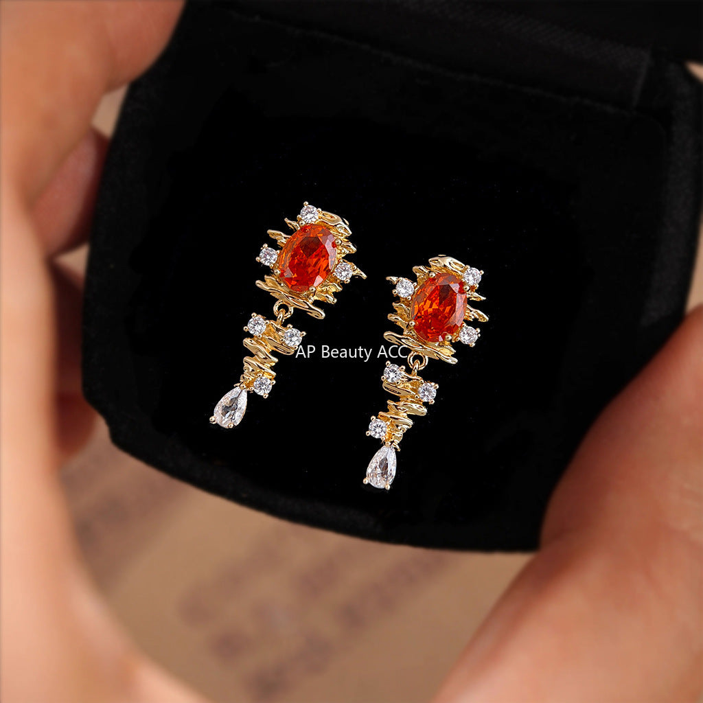 C관 - 핸드메이드 925 은침 오렌지 레드 큐빅 빈티지 귀걸이 [6896] 25.10-2