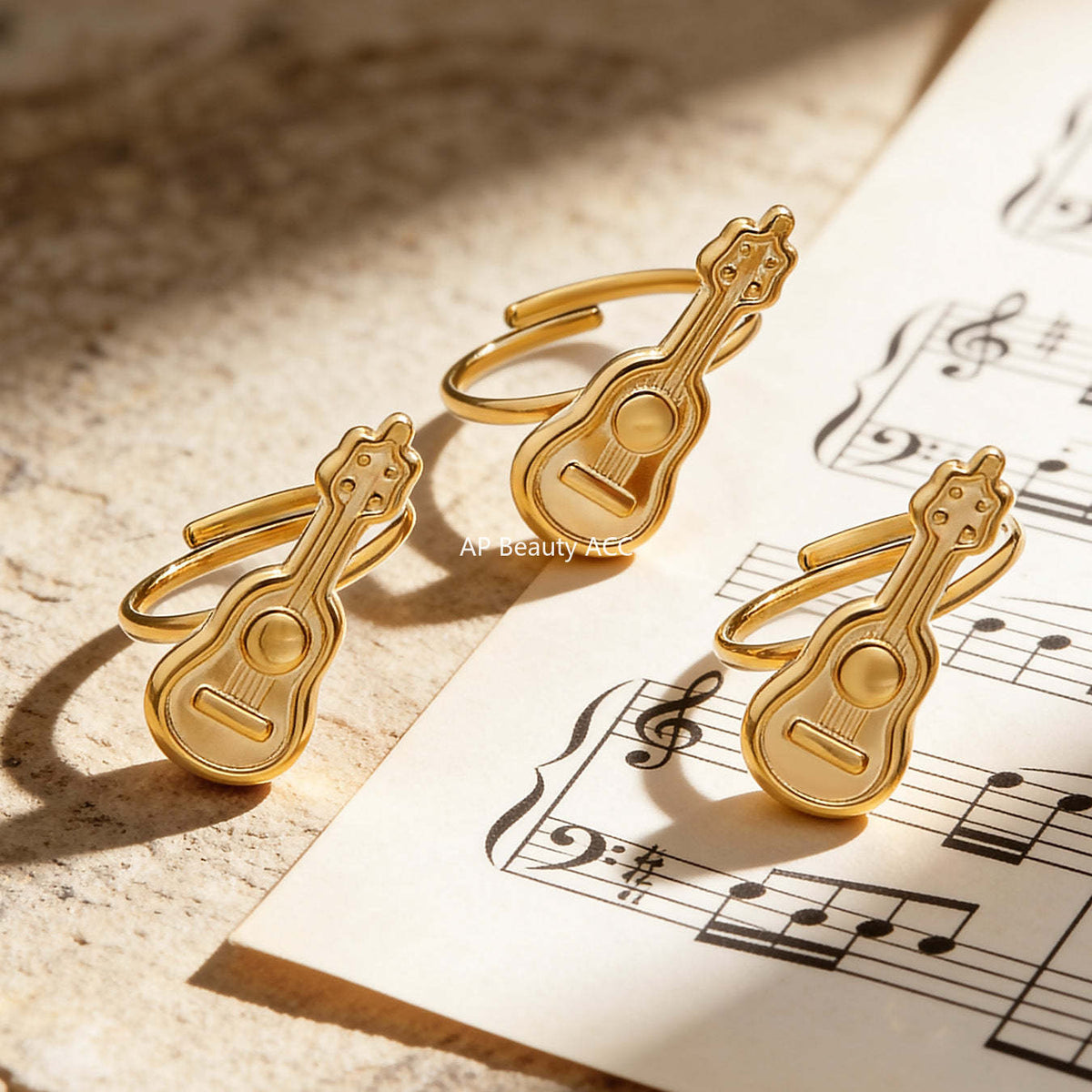 D관 - 스테인리스 스틸 18K 도금 미니 기타 오픈형 반지 [A542] 25.12-3