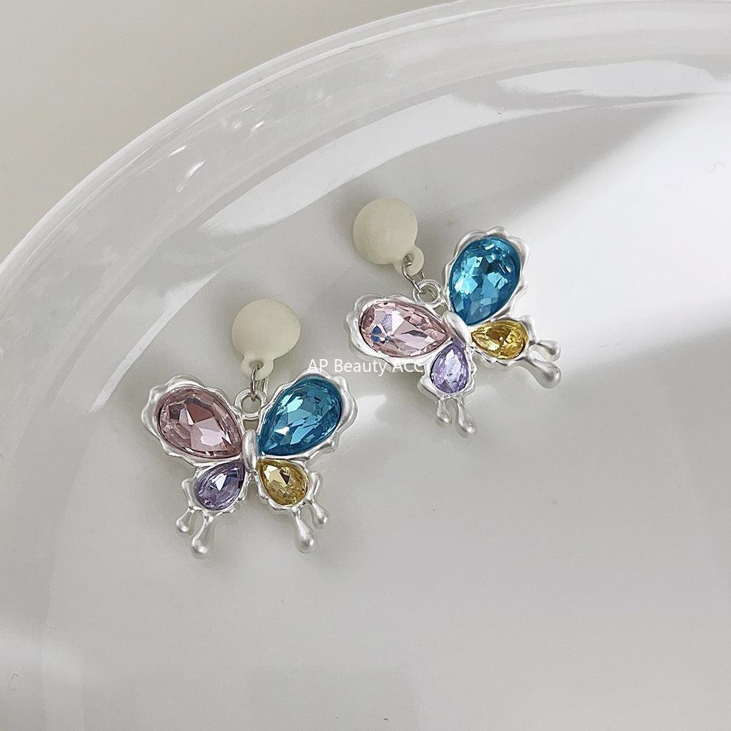 C관 - 봄 여름 유리 크리스탈 컬러 버터플라이 은침 귀걸이 [3653] 24.03-4