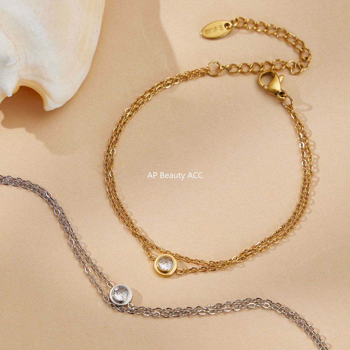 D관 - 스테인리스 스틸 18K 도금 원형 큐빅 더블 레이어드 팔찌 [E198] 25.12-3