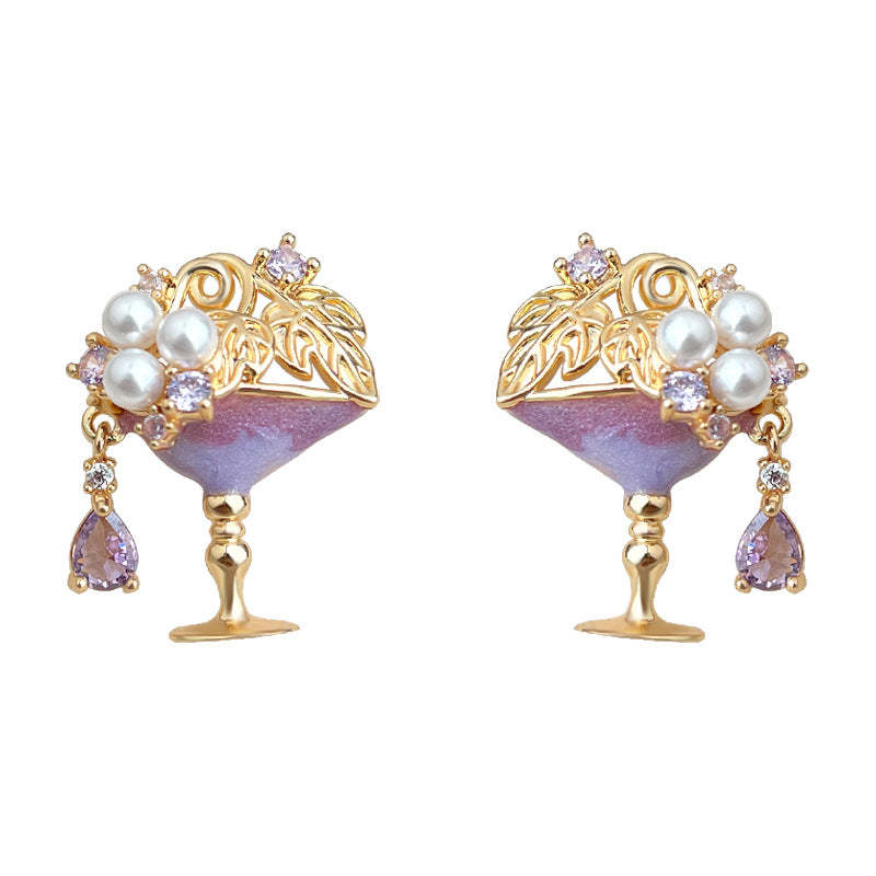 C관 - 큐빅 진주 핸드페인팅 와인잔 디자인 925 은침 귀걸이 [6831] 25.09-4