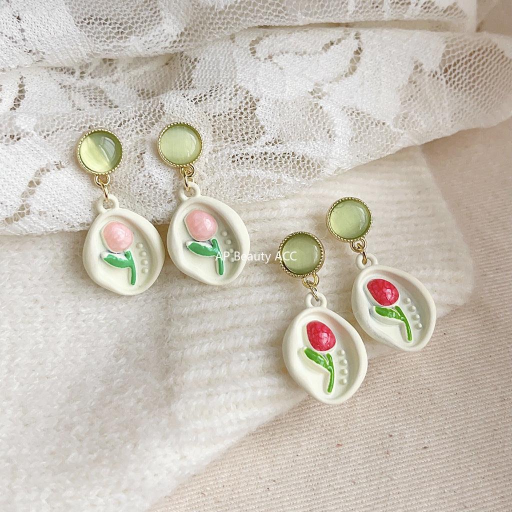 C관 - 14K 도금 봄 여름 튤립 유리 묘안석 에나멜 귀걸이 [3673-3674] 24.03-4