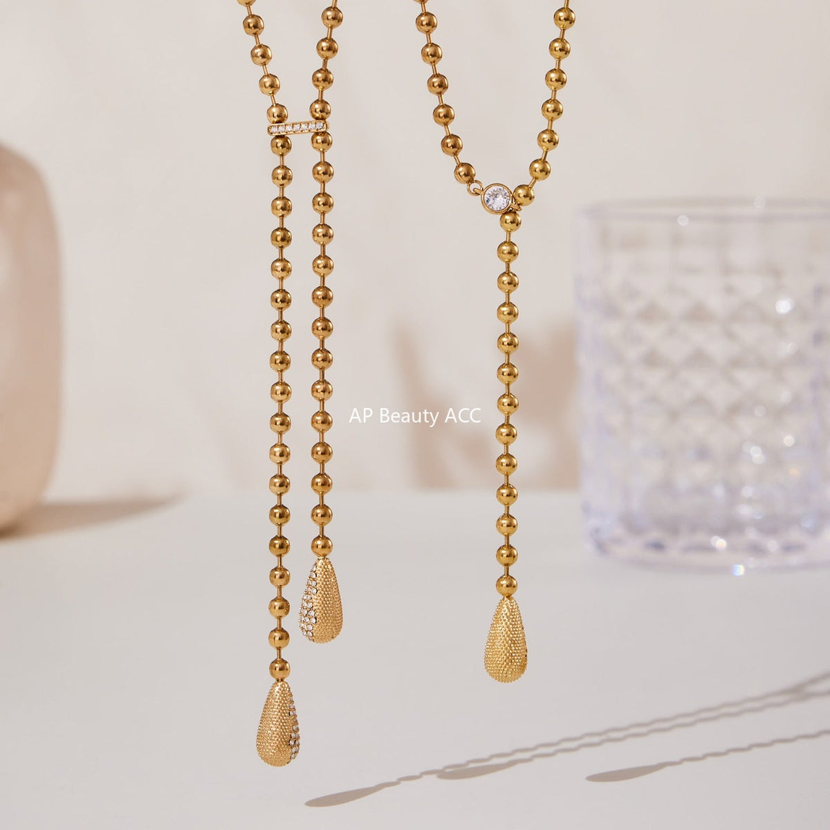 D관 - 18K 골드 도금 스테인리스 스틸 물방울 큐빅 비즈 체인 목걸이 귀걸이 [TXP419-TXF419] 25.10-1