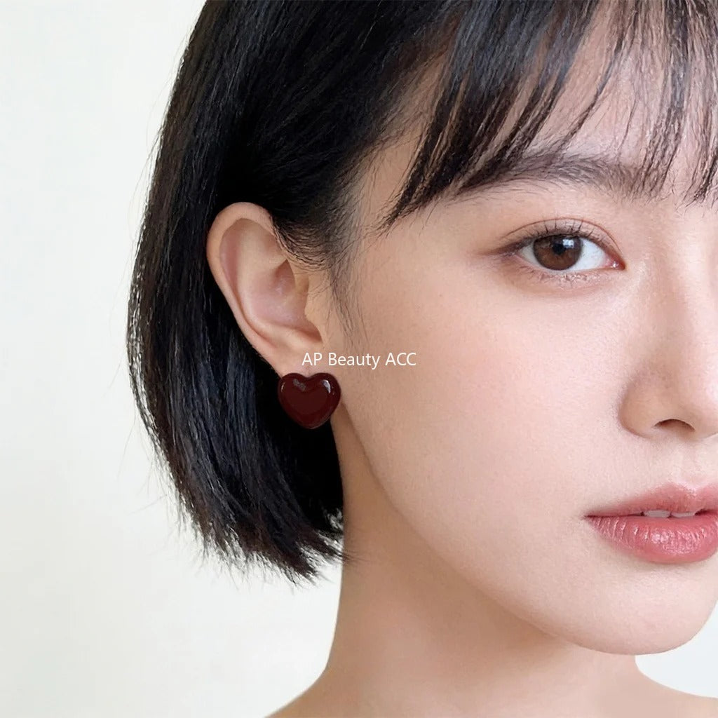 C관 - 핸드페인팅 와인 레드 하트 925 은침 귀걸이 [7254] 25.12-3