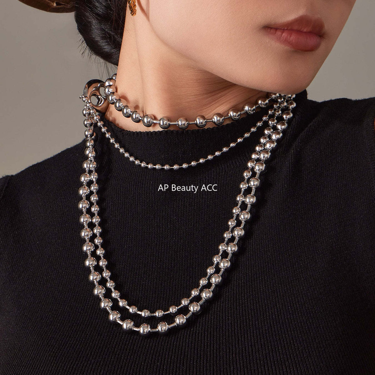 D관 - 투톤 하트 라운드 비즈 체인 레이어드 스테인리스 목걸이 [P1853] 25.11-3