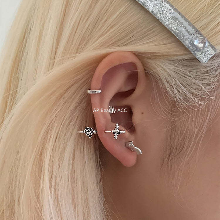 A관 - 925 은침 권총 장미 십자가 모양 피어싱 귀걸이 [EH-4190] 25.10-5