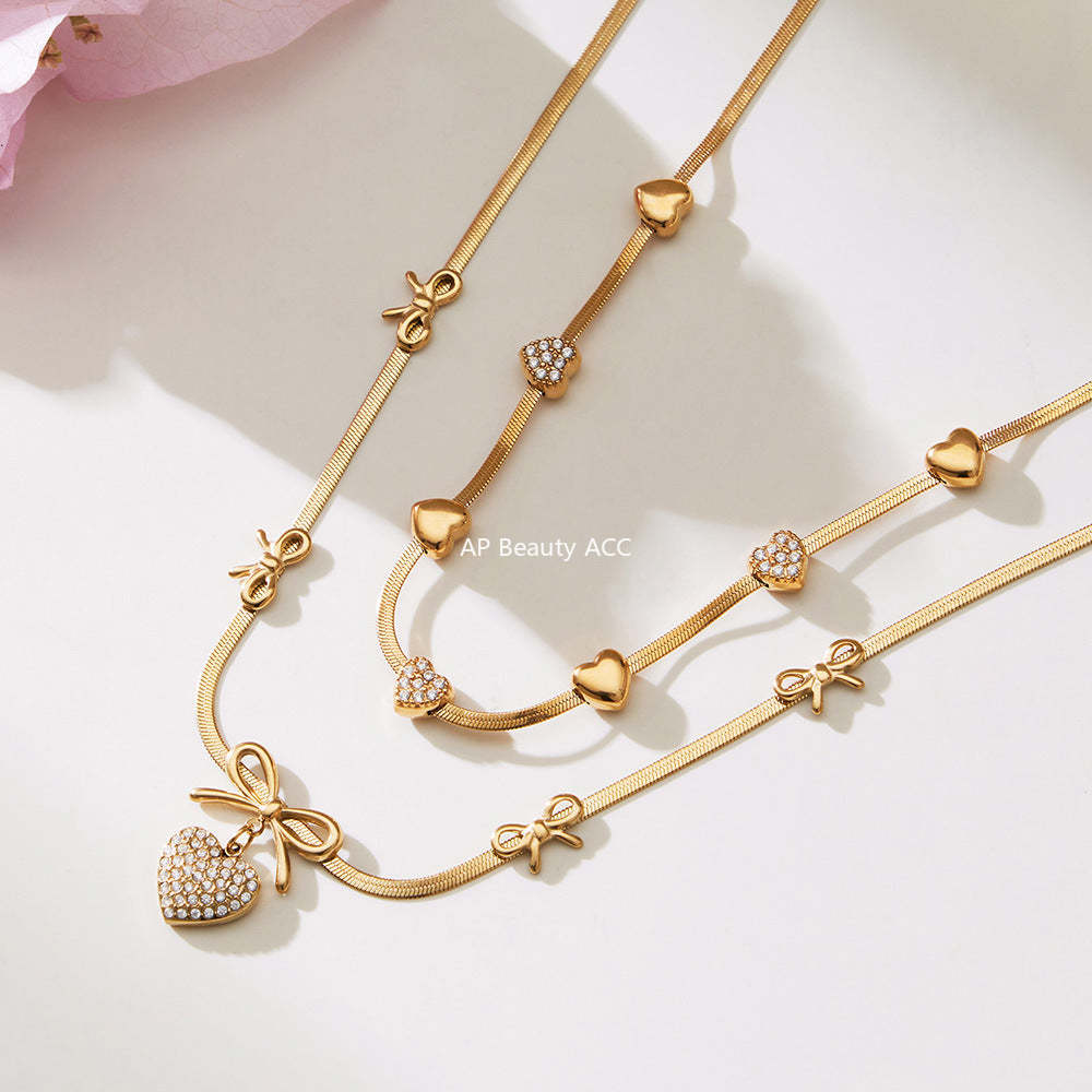 D관 - 스테인리스 스틸 리본 하트 풀큐빅 18K 도금 팔찌 목걸이 [TXP499] 25.11-4