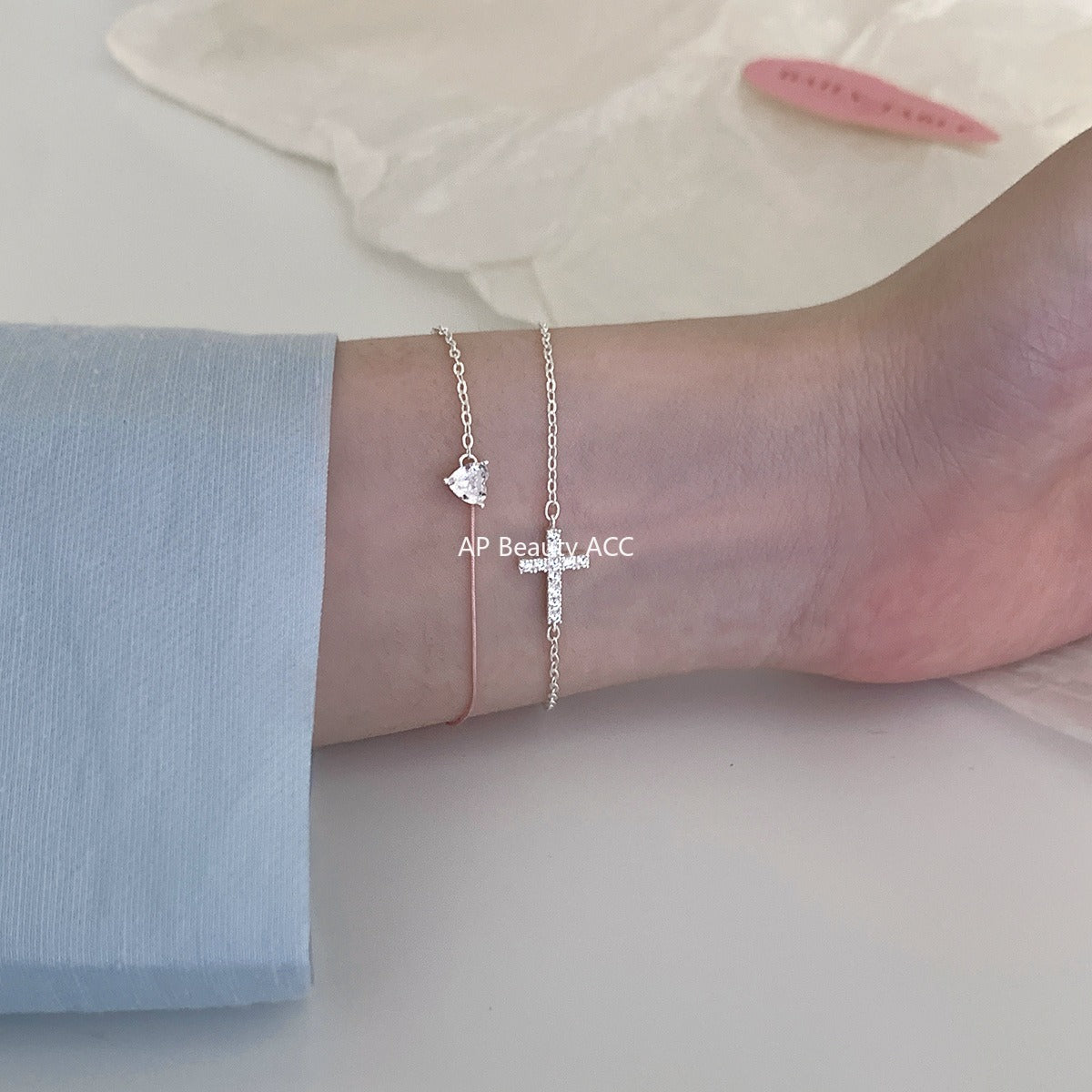 A관 - 925 실버 하트 십자가 디자인 큐빅 팔찌 [SL-487] 25.11-1