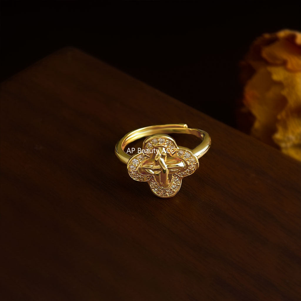 C관 - 18K 도금 클로버 라인 큐빅 오픈형 반지 [6904] 25.10-2