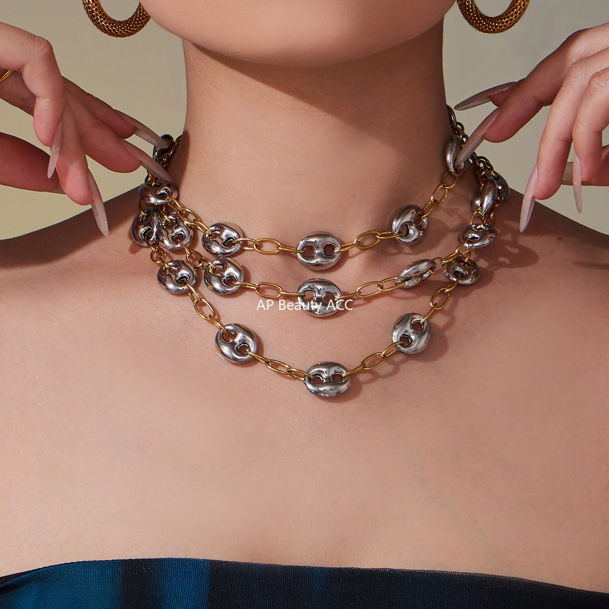 D관 - 스테인리스 스틸 투톤 더블 원형 볼드 체인 목걸이 [P1439] 25.10-1