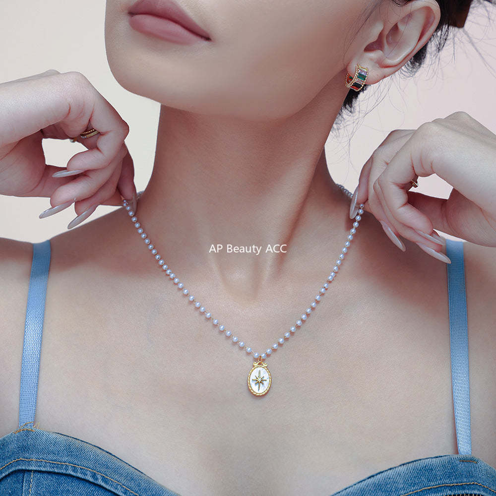 D관 - 타원형 자개 8각 모조 진주 체인 캐주얼 티타늄 스틸 목걸이 [P2071] 24.10-2