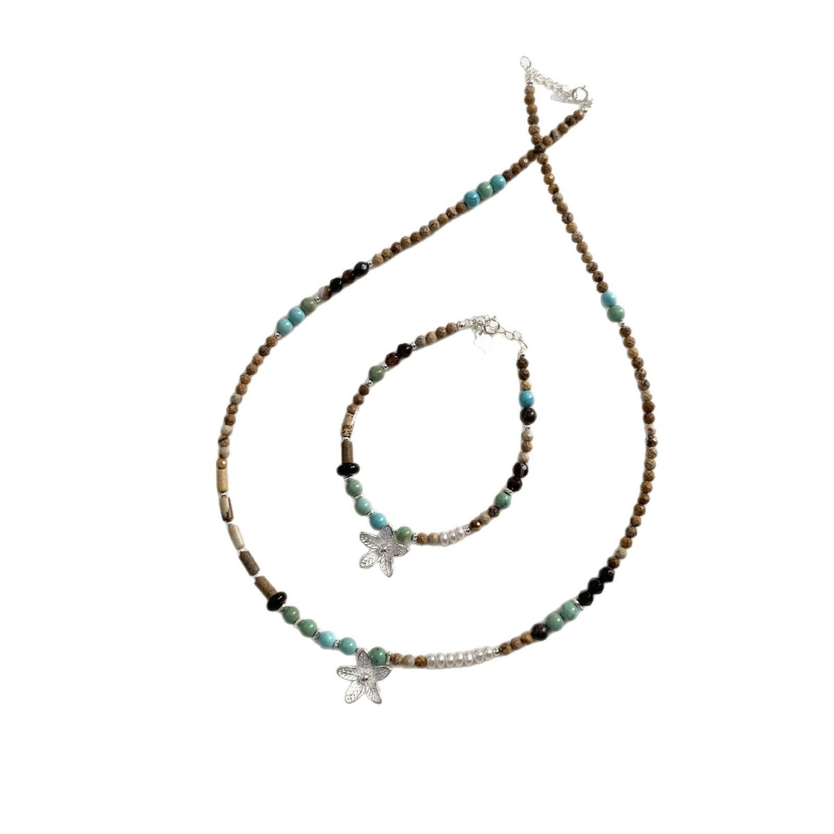 A관 - 925 실버 핸드메이드 진주 플라워 재스퍼 아게이트 팔찌 목걸이 [1540] 25.11-2