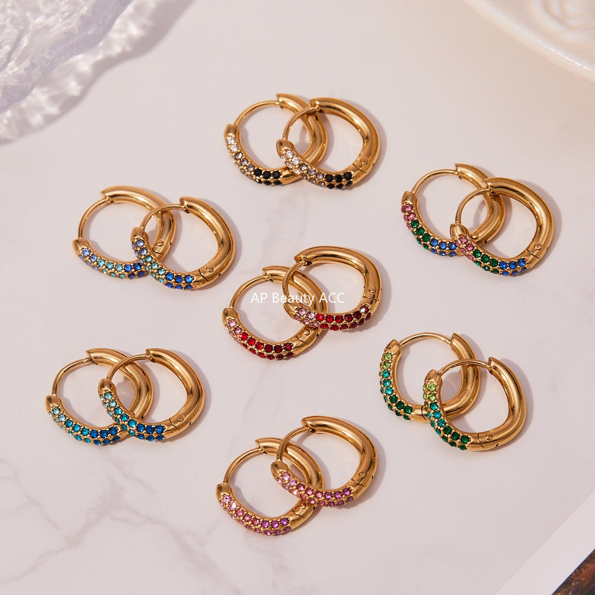 D관 - 스테인리스 18K 도금 멀티컬러 큐빅 링 귀걸이 [F752] 25.11-1