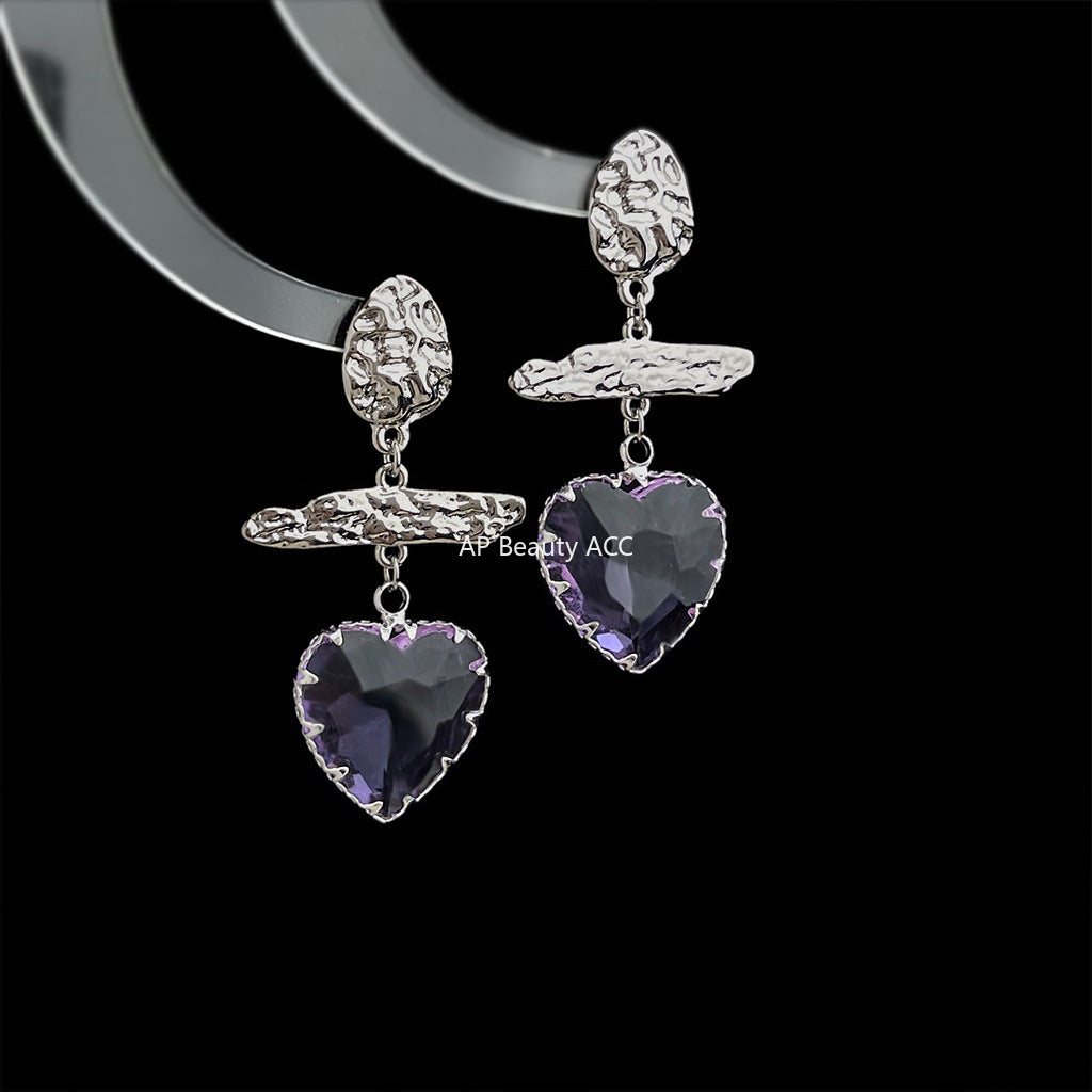 C관 - 라벤더 하트 크리스탈 925 은침 귀걸이 [6891] 25.10-2