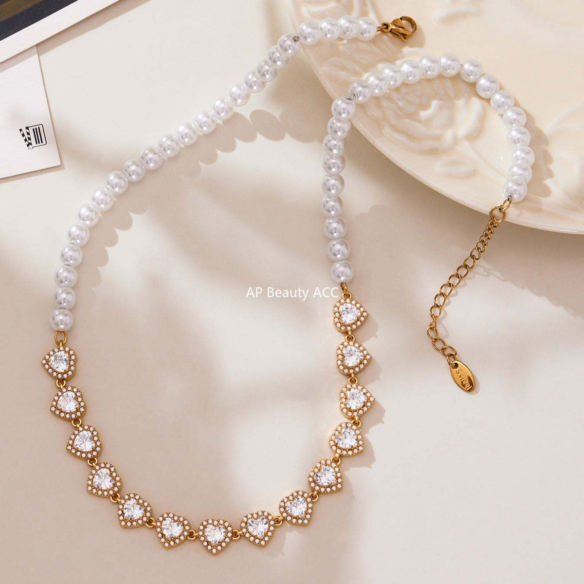 D관 - 18K 도금 스테인리스 스틸 핸드메이드 진주 하트 큐빅 목걸이 [P1735] 25.10-4