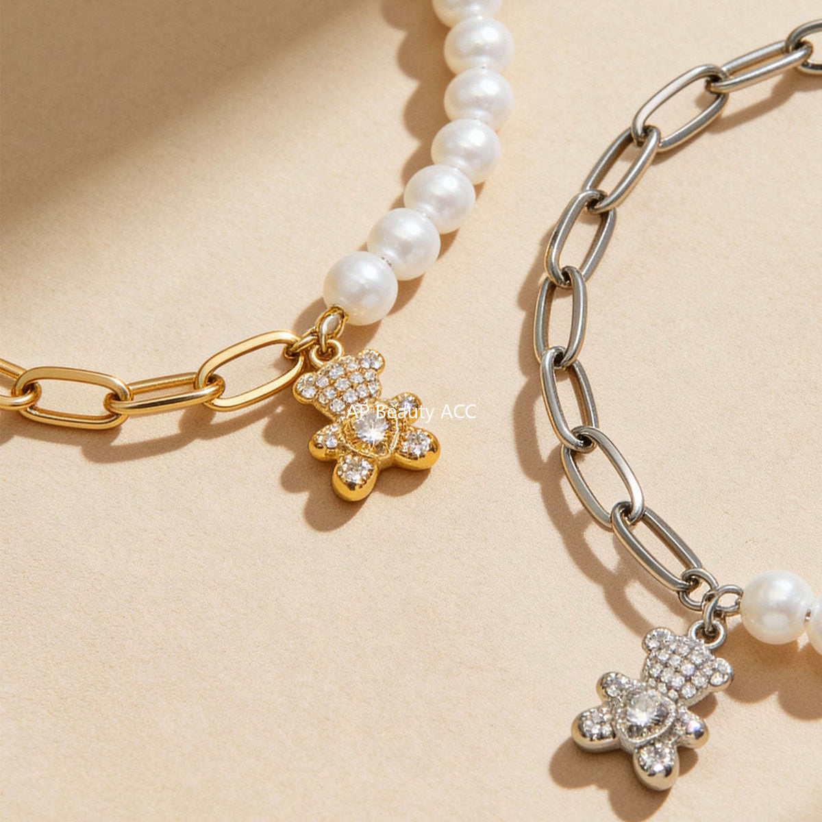 D관 - 스테인리스 스틸 18K 도금 큐빅 곰 펜던트 진주 팔찌 [E153-E162] 25.12-3