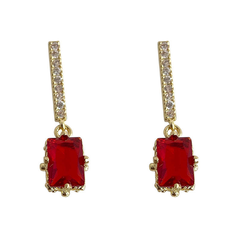 C관 - 14K 도금 큐빅 와인 레드 사각형 복고풍 귀걸이 [4235] 24.07-1