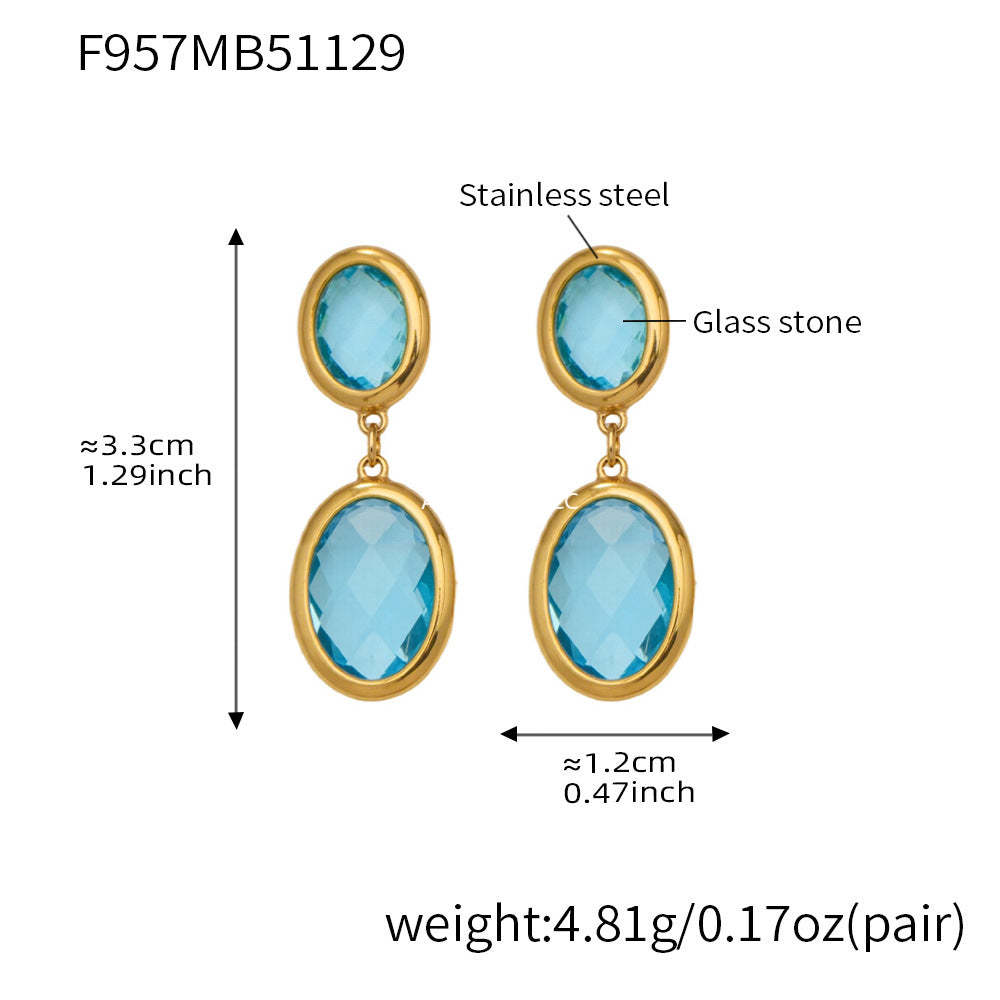 D관 - 스테인리스 스틸 18K 도금 타원 컷팅 글라스 스톤 펜던트 귀걸이 [F957] 25.12-1