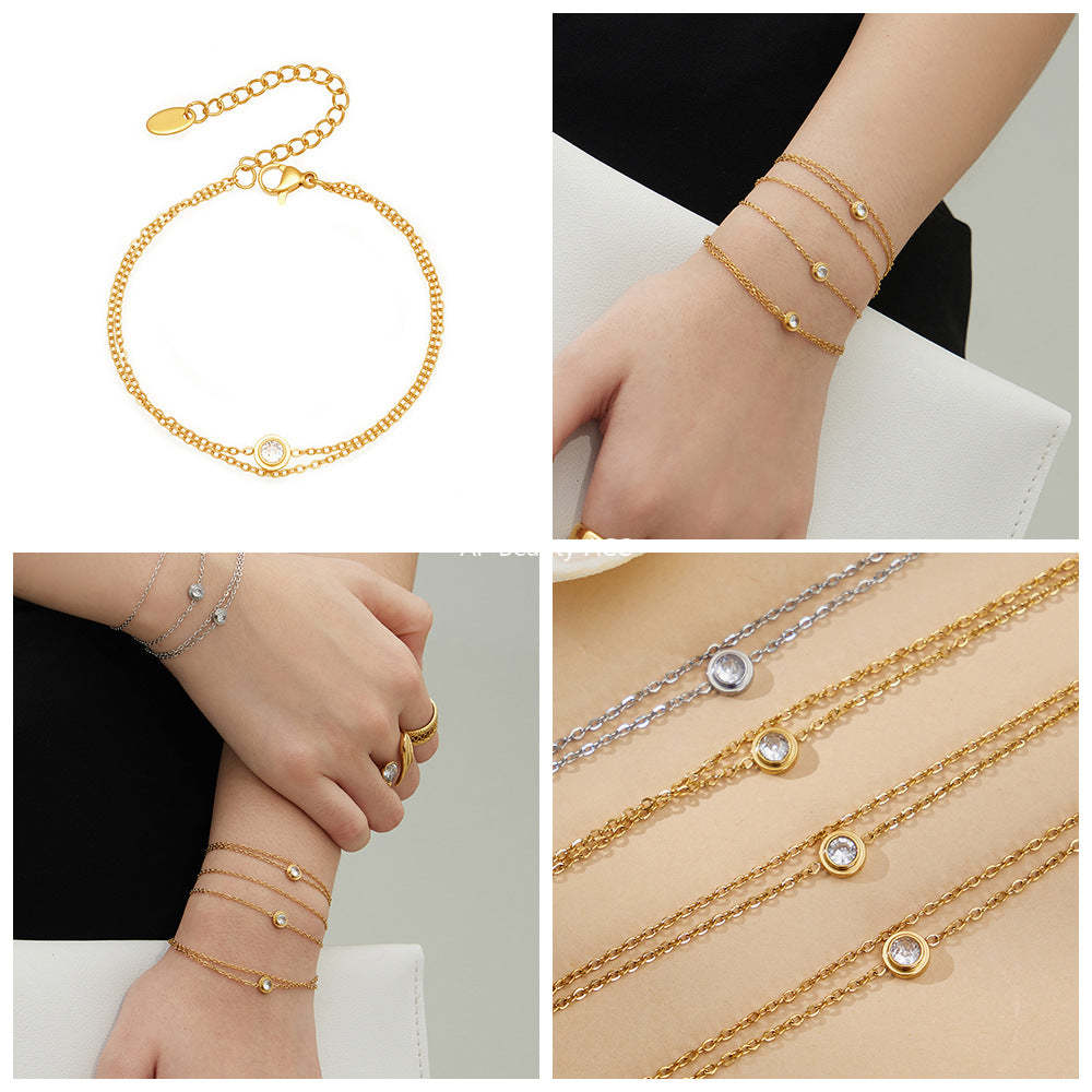 D관 - 스테인리스 스틸 18K 도금 원형 큐빅 더블 레이어드 팔찌 [E198] 25.12-3