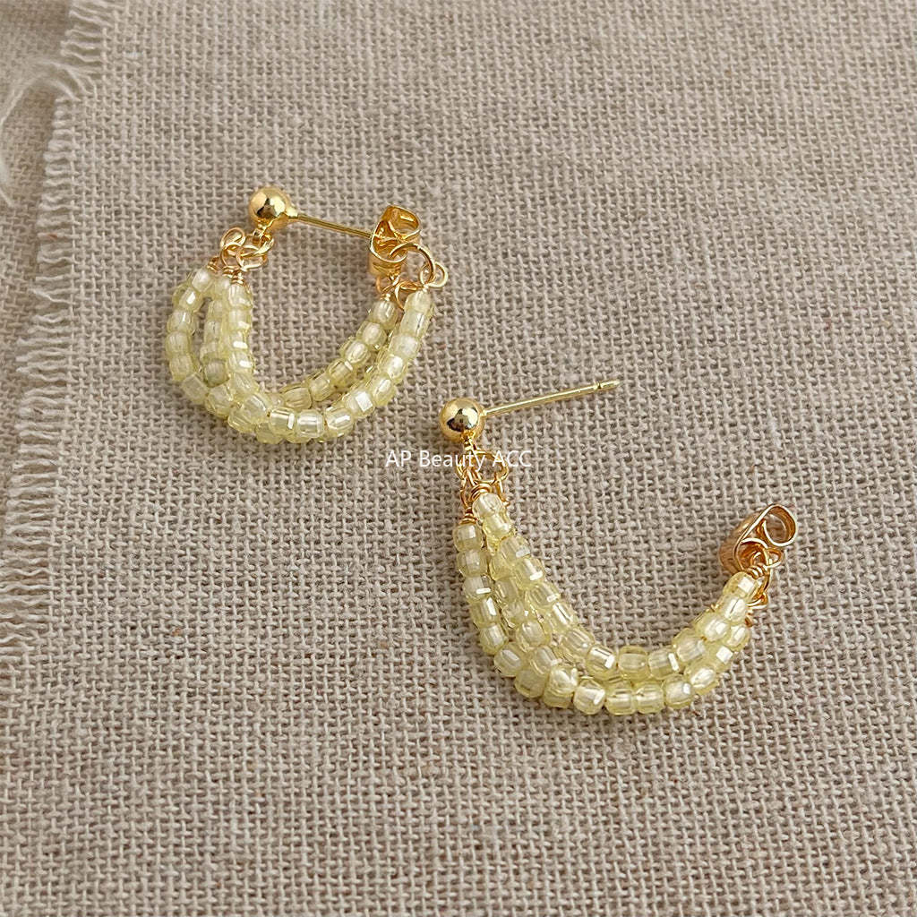 C관 - 베이지 글래스 크리스탈 핸드메이드 은침 귀걸이 [5471] 25.02-3