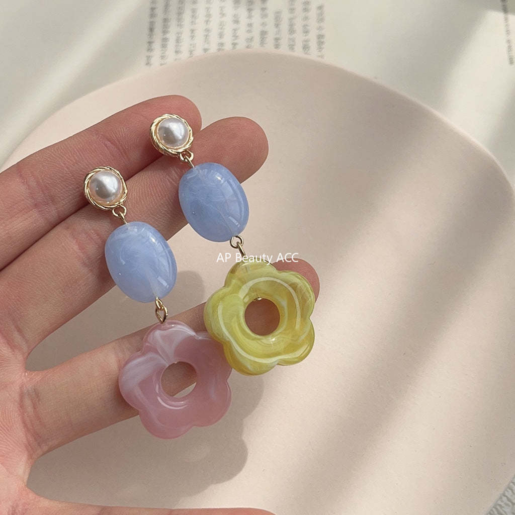 C관 - 상반된 디자인 핸드메이드 꽃 은침 귀걸이 [3728] 24.04-1