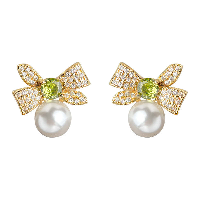 C관 - 리본 큐빅 진주 14K 도금 은침 귀걸이 [5863] 25.04-3